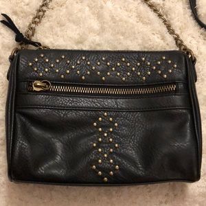 INC black leather crossbody gold studded design